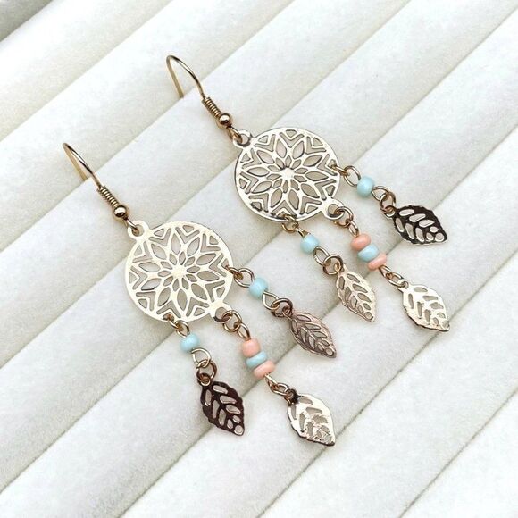 Yellow Gold with Green and Peach Beaded Boho Style Dream Catcher Hook Earrings - Picture 5 of 8